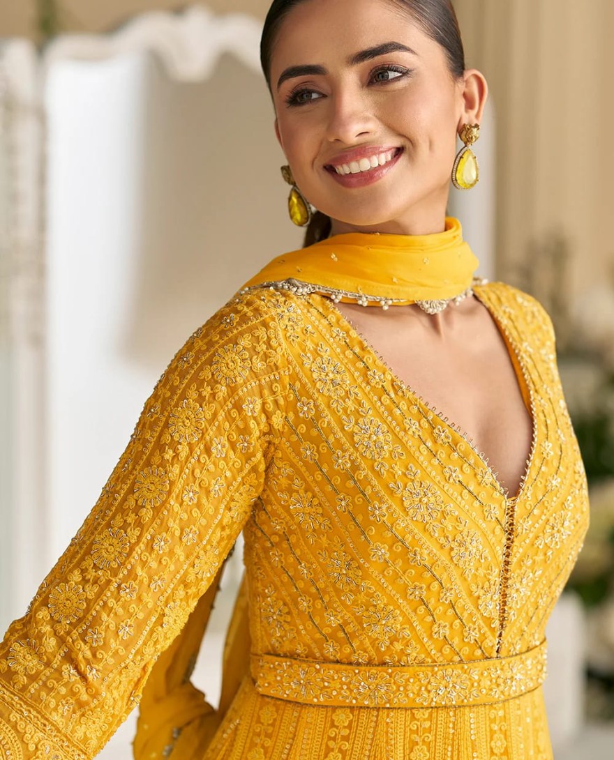 YELLOW - Yellow Chikankari Embroidered Wedding Festive Anarkali Gown